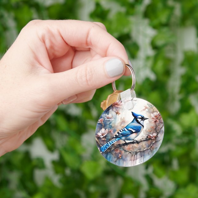 Chaveiro Blue Jay Cherry Blossoms aquarela (Mão)