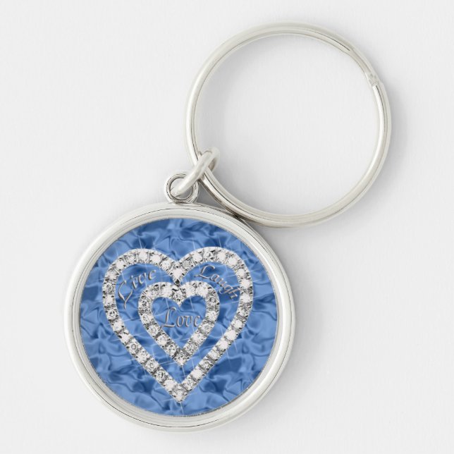 Chaveiro Blue Round Live Laugh Love Diamond Heart Keychain (Frente)