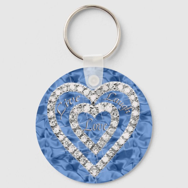 Chaveiro Blue Round Live Laugh Love Diamond Heart Keychain (Frente)