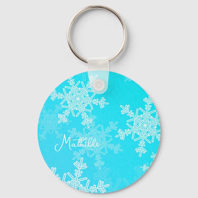 Chaveiro Blue White Snowflakes Nome de Natal Minimalista (Frente)