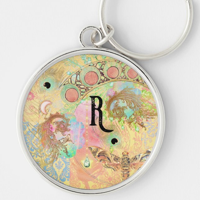 Chaveiro Bohemian vintage damask feather hippie chic pastel (Frente)