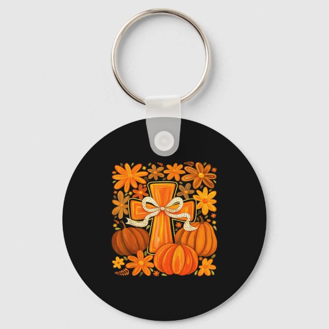 Chaveiro Boho Floral Pumpkin Cross Fall Jesus Christian Fai (Frente)