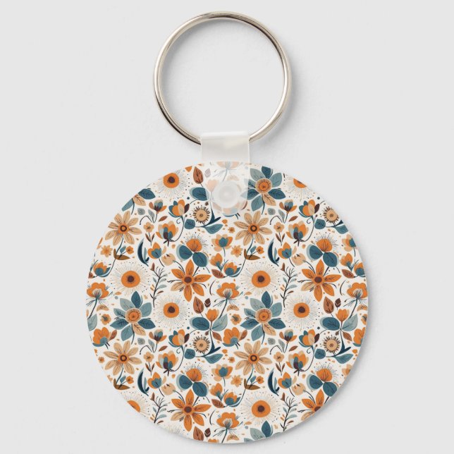 Chaveiro Boho Folk Art Wildflower Meadow Rust Teal Floral (Frente)