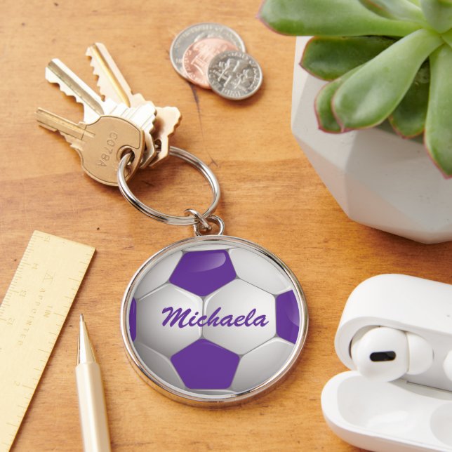 Chaveiro Bola de Futebol Personalizável, Roxo e Branco (Mesa)