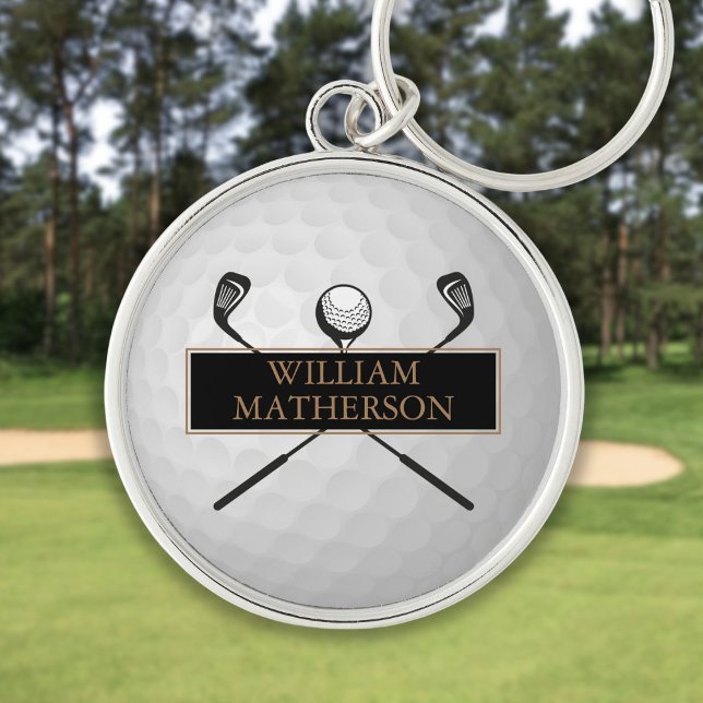 Chaveiro Bola de Golfe Clássica Preta e Dourada Personaliza (Personalized Gold and Black Golf Ball Classic Keychain)