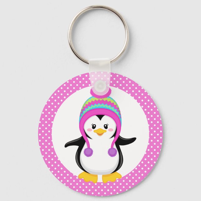 Chaveiro Bolinhas rosa Menina de Pinguim de inverno (Frente)