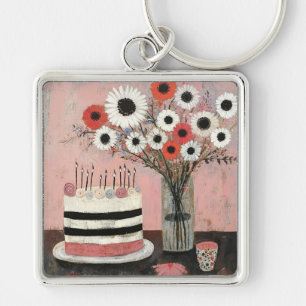 Chaveiro Bolo de Aniversário Chic e Flores de Gerbera