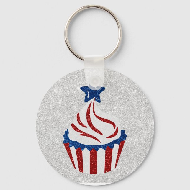 Chaveiro Bolo de Copo Vermelho, Branco & Azul com Purpurina (Frente)