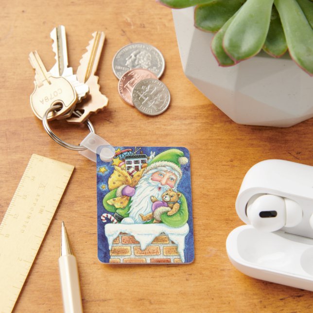 Chaveiro Bom Natal, Papai Noel em Chaminé com Brinquedos (Mesa)