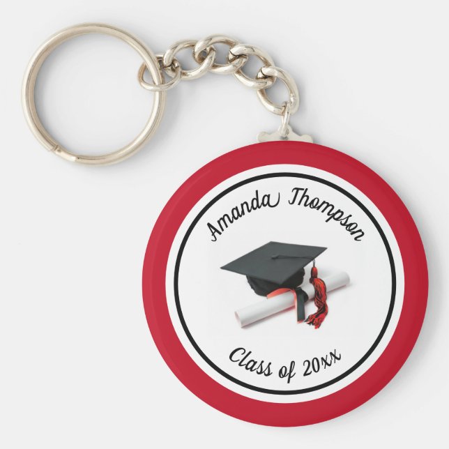 Chaveiro Boné de formatura preto e vermelho e Tassel (Frente)