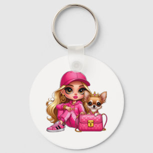 Chaveiro Boneca de Moda Rosa e Cobertor de Fleece de Cachor