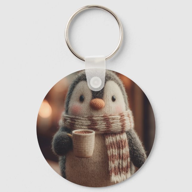 Chaveiro Boneca de Pinguim Aconchegante Tricotada com Cache (Frente)