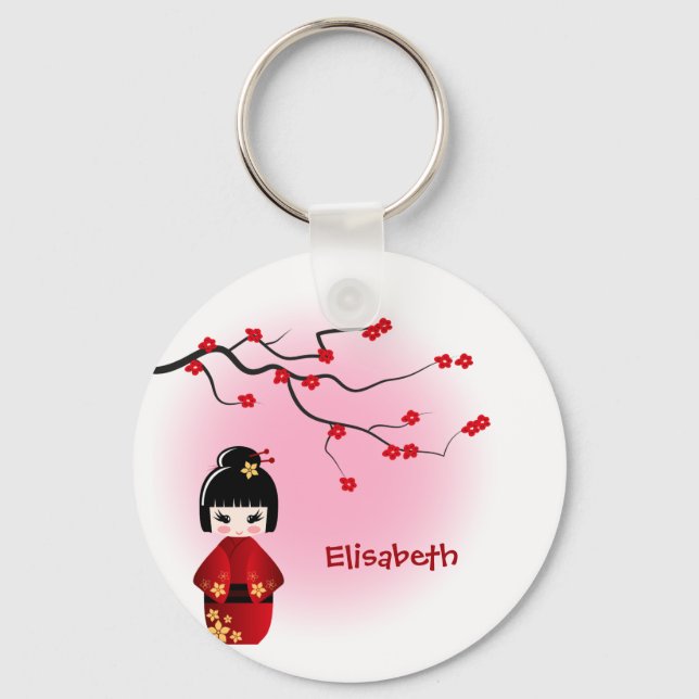 Chaveiro Boneca kokeshi japonesa em sakura floresce nome (Frente)
