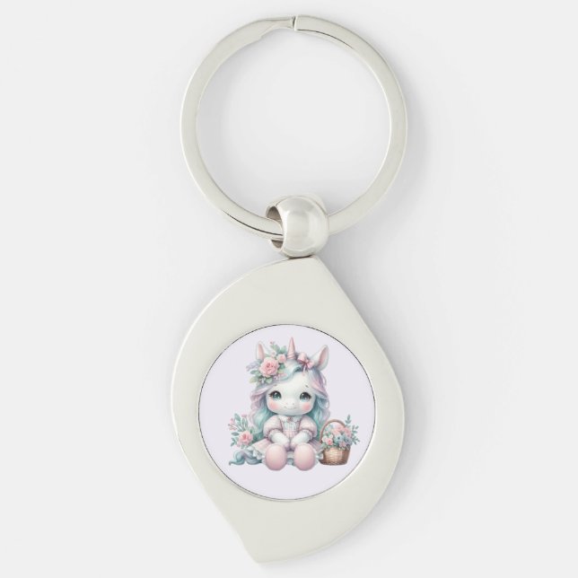 Chaveiro Boneca Pastel Kawaii Unicórnio com Cesto de Flores (Frente)