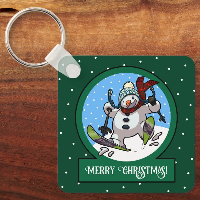 Chaveiro Boneco de Neve Divertido Feliz Natal! Esqui Esboço (Frente)