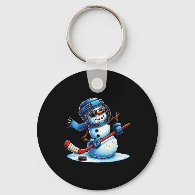 Chaveiro Boneco de Neve Engraçado Jogando Hóquei no Gelo Am (Frente)