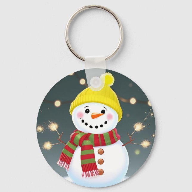 Chaveiro Boneco de Neve Feliz com Faíscas e Chapéu de Papai (Frente)