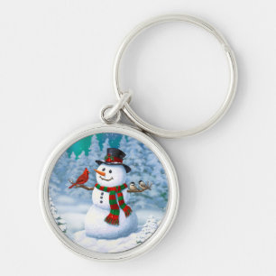 Chaveiro Boneco de Neve Feliz Natal & Pássaros Cena de Inve