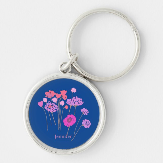 Chaveiro Bonito Azul Floral Escuro Moderno (Frente)
