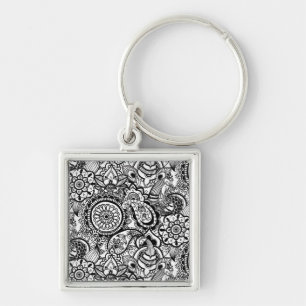 Chaveiro Bonito floral paisley preto e branco
