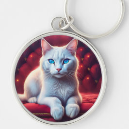 Chaveiro Bonito Gato Albino De Olhos Azuis No Sofá Vermelho