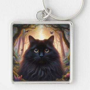 Chaveiro Bonito gato preto fluffy com olhos Dourados