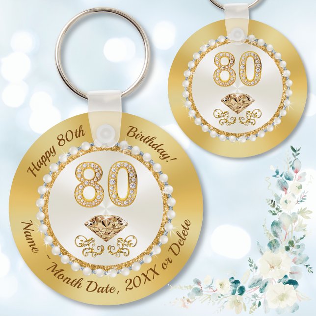 Chaveiro Bonitos e personalizados favoritos para o aniversá (80th birthday party favors. Party favors for 80th birthday ideas. Gold and Ivory, 80th birthday)
