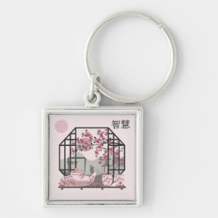 Chaveiro Bonsai design gráfico asiático de cereja rosa