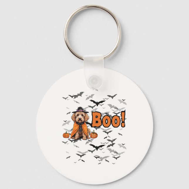 Chaveiro Boo! Cachorro De Halloween Em Roupa De Bruxa Com T (Frente)