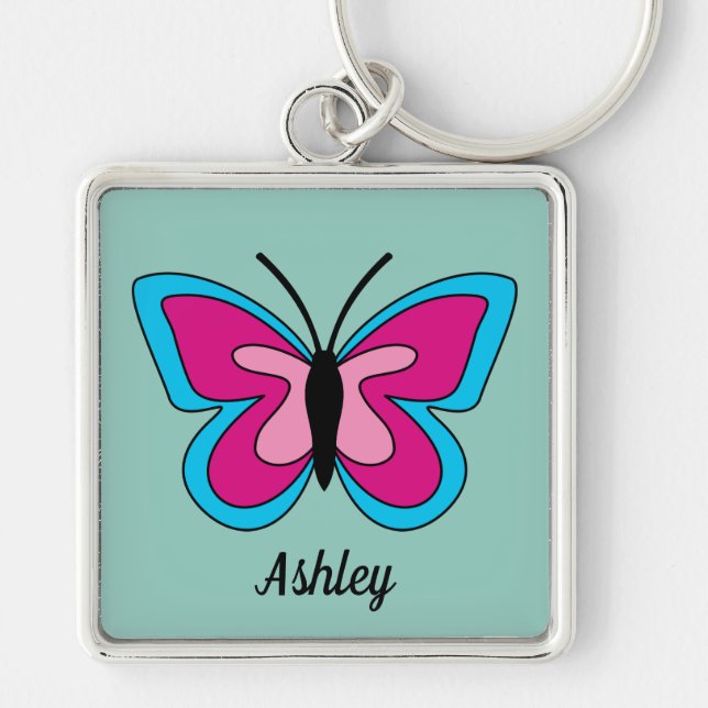 Chaveiro Borboleta Azul Magenta Rosa | Adicionar nome (Frente)
