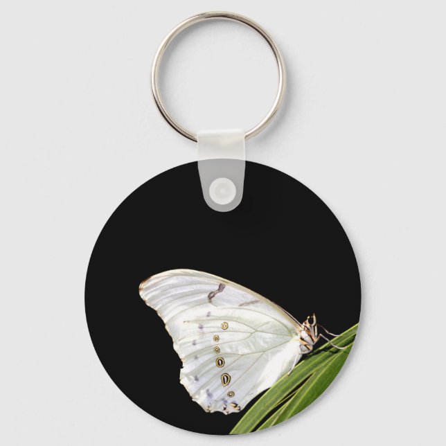 Chaveiro Borboleta branca Morpho na folha (Frente)