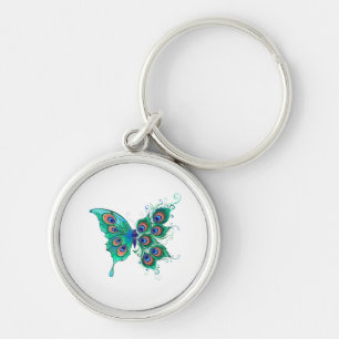 Chaveiro Borboleta com Penas de Pavão Verde