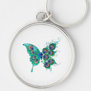 Chaveiro Borboleta com Penas de Pavão Verde