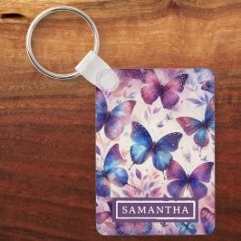Chaveiro Borboleta de Aquarela Púrpura, Rosa Personalizada
