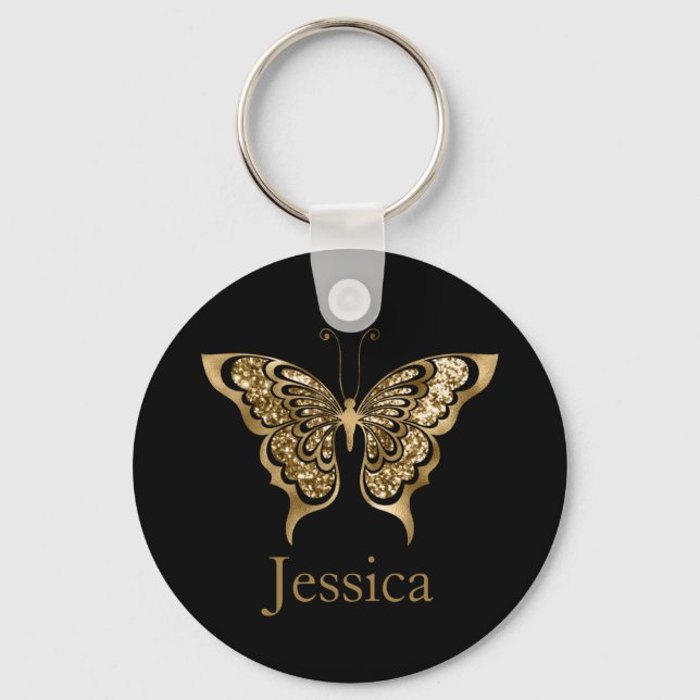 Chaveiro Borboleta de Ouro Glitter de Nome Personalizado (Frente)