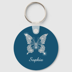 Chaveiro Borboleta Diamante Branca, Nome Personalizado, Azu