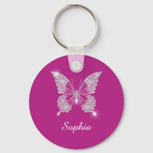 Chaveiro Borboleta Diamante Branco, Nome em Letra de Forma,