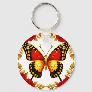 Chaveiro Borboleta Dourada Com Rosas Vermelhas E Folhas Dou