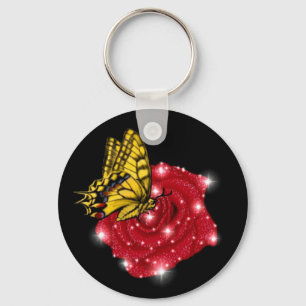Chaveiro Borboleta em rosa vermelha com estrelas e gotas de