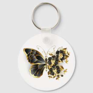 Chaveiro Borboleta Flor Dourada com Orquídea Preta