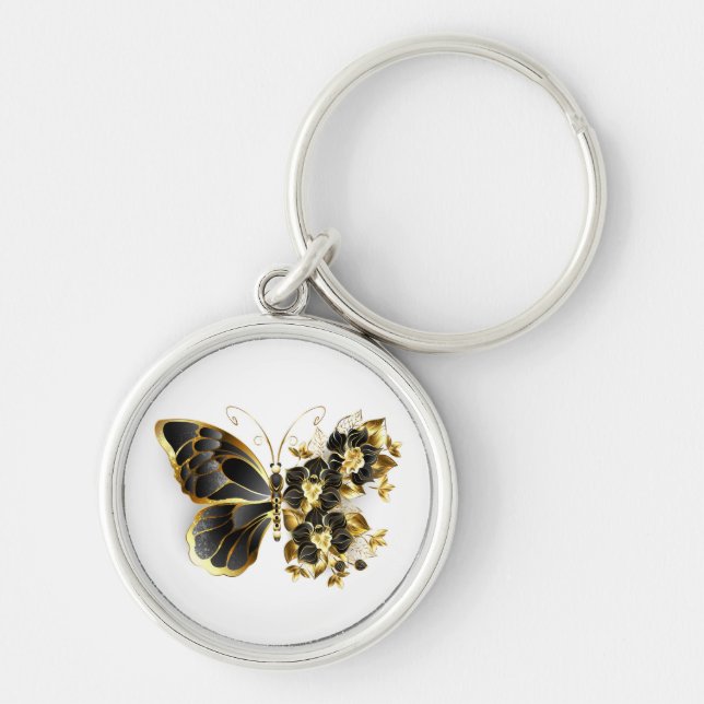 Chaveiro Borboleta Flor Dourada com Orquídea Preta (Frente)