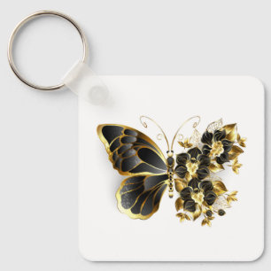 Chaveiro Borboleta Flor Dourada com Orquídea Preta