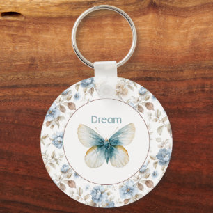 Chaveiro Borboleta Flores Marrom Bege Creme Azul