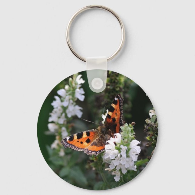 Chaveiro Borboleta Laranja e Preta em Flores Brancas (Frente)