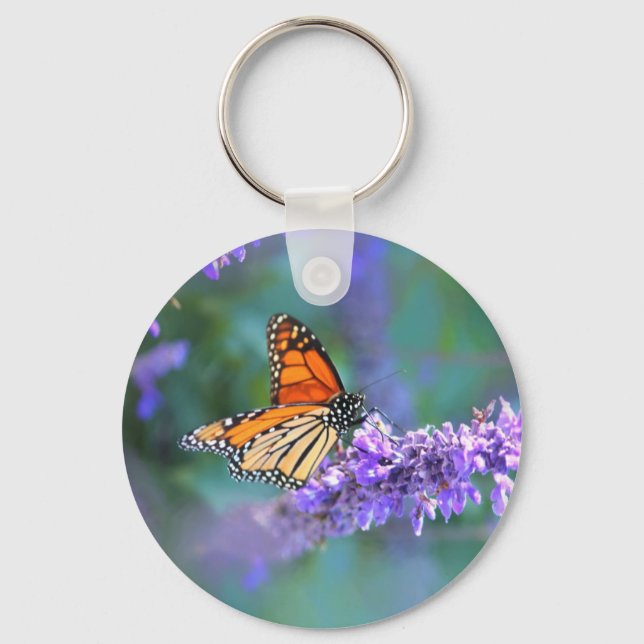 Chaveiro Borboleta Monarca na Flor Lilás Roxo (Frente)