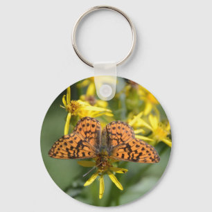 Chaveiro Borboleta Preta e Laranja nas Flores Amarelas
