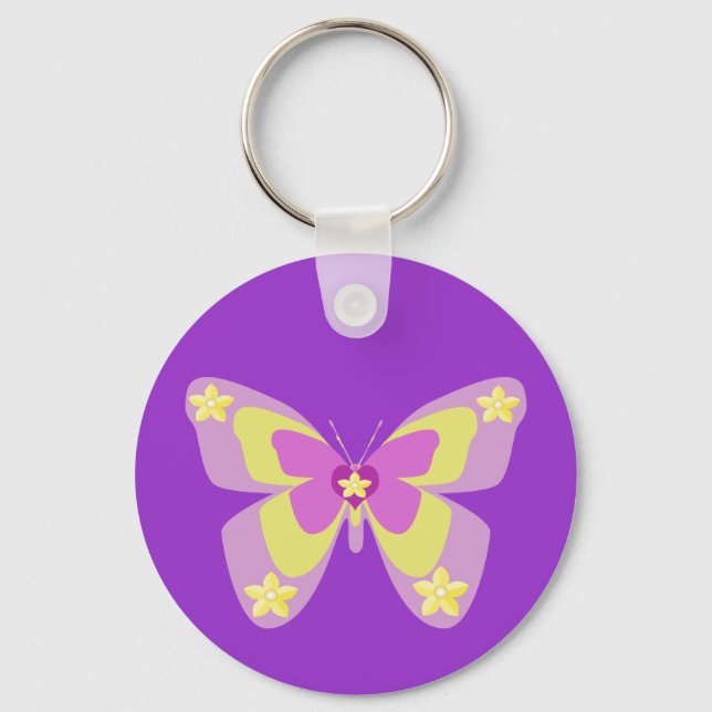 Chaveiro Borboleta rosa e amarela com flores (Frente)