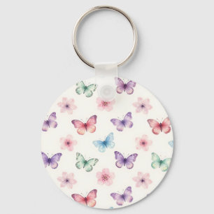 Chaveiro Borboletas Aquarela Padrão Flores de Cerejeira