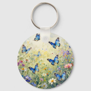 Chaveiro Borboletas Azuis Aquarela Prado de Flores Silvestr
