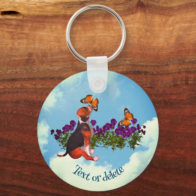 Chaveiro Borboletas de Beagle Puppy Flores Personalizadas (Frente)